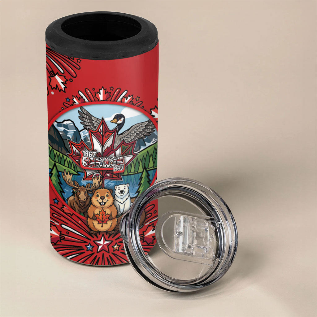 Happy Canada Day 4 in 1 Can Cooler Tumbler Cute Wildlife Animals Maple Leaf