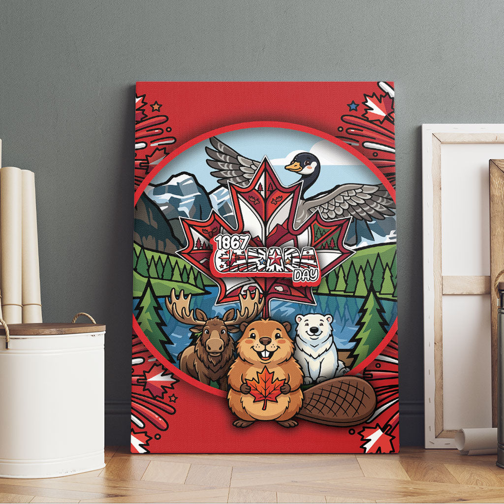 Happy Canada Day Canvas Wall Art Cute Wildlife Animals Maple Leaf