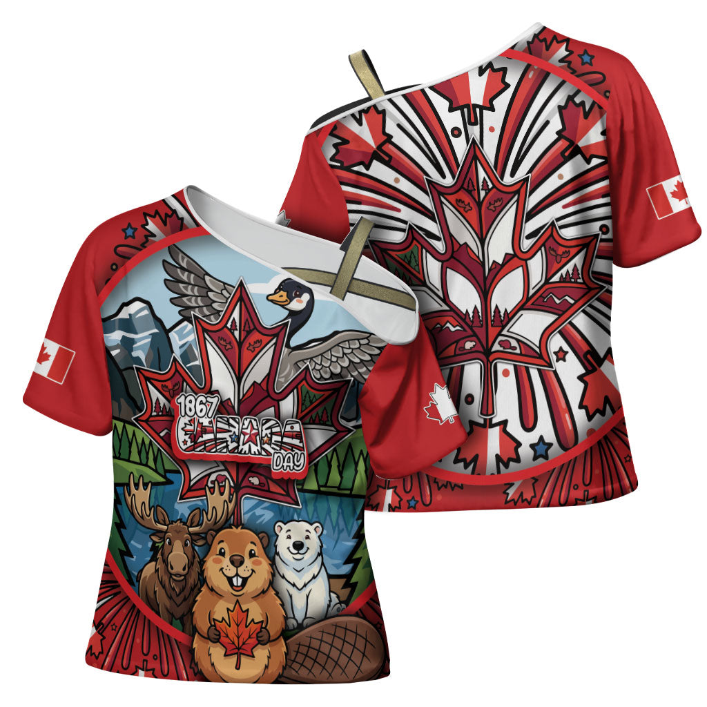 Happy Canada Day Cross Shoulder Shirt Cute Wildlife Animals Maple Leaf