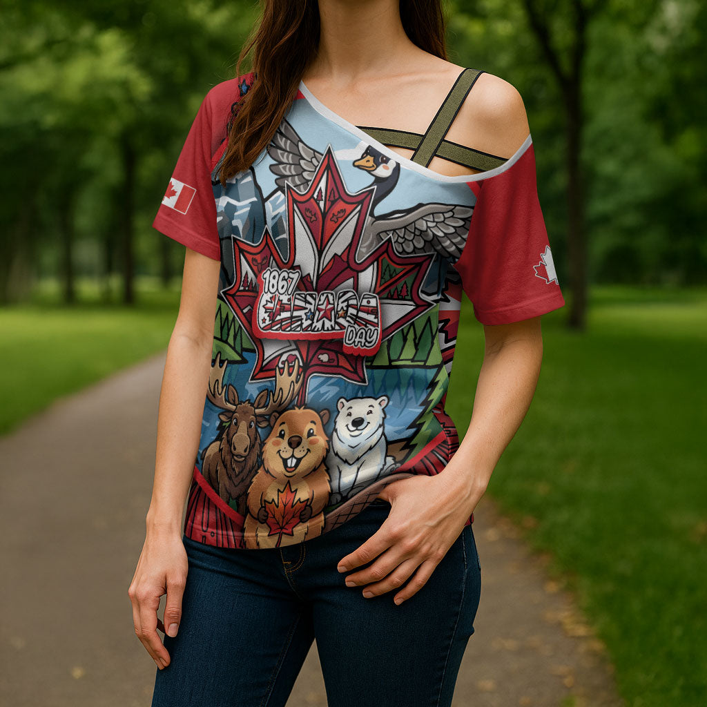 Happy Canada Day Cross Shoulder Shirt Cute Wildlife Animals Maple Leaf