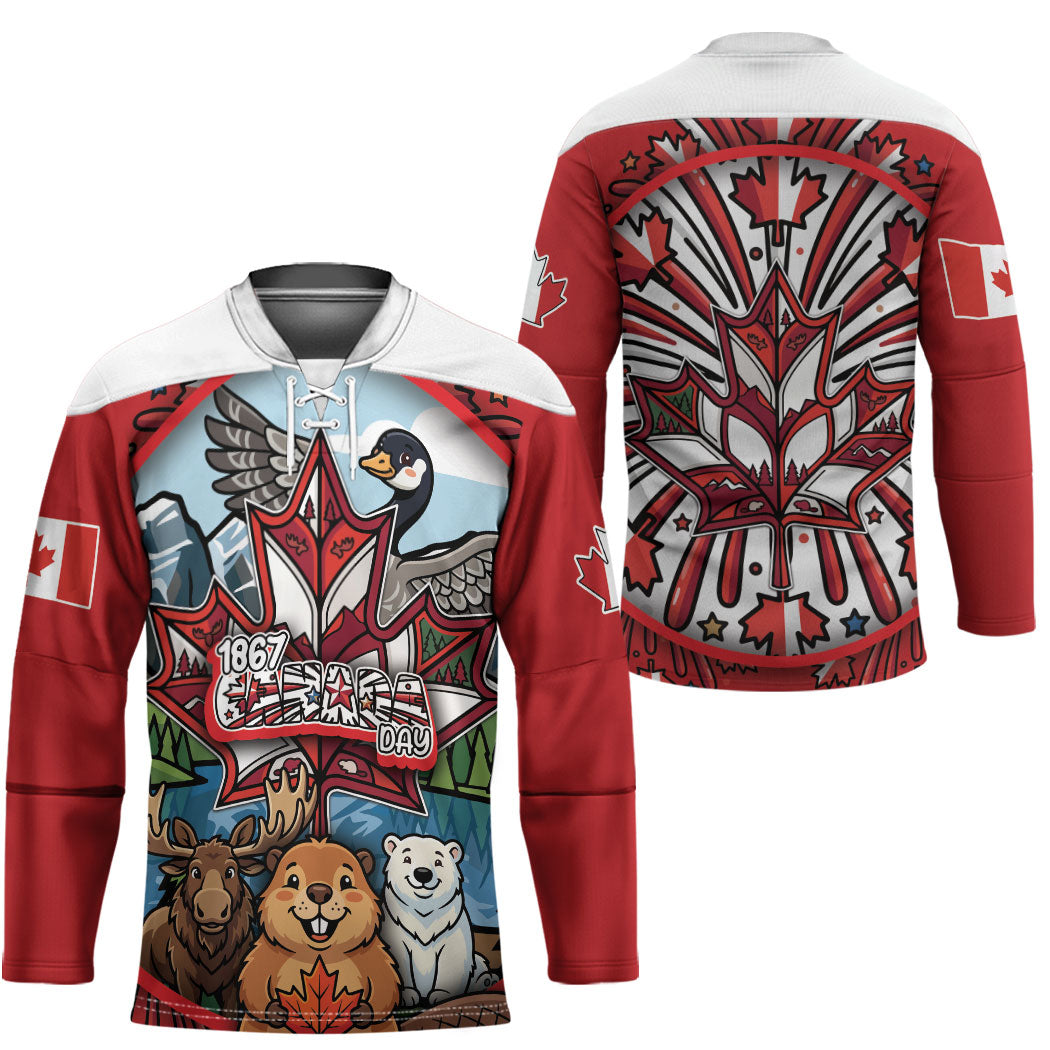Happy Canada Day Hockey Jersey Cute Wildlife Animals Maple Leaf