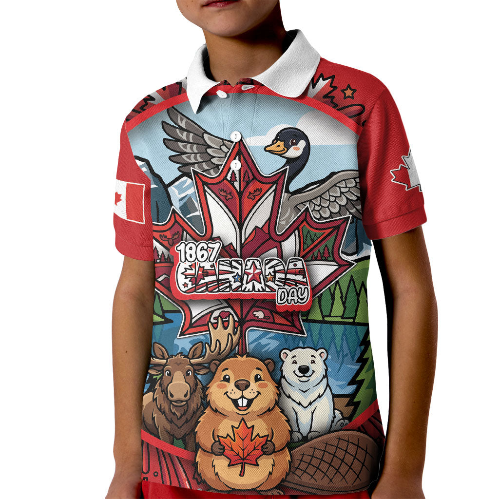 Happy Canada Day Kid Polo Shirt Cute Wildlife Animals Maple Leaf