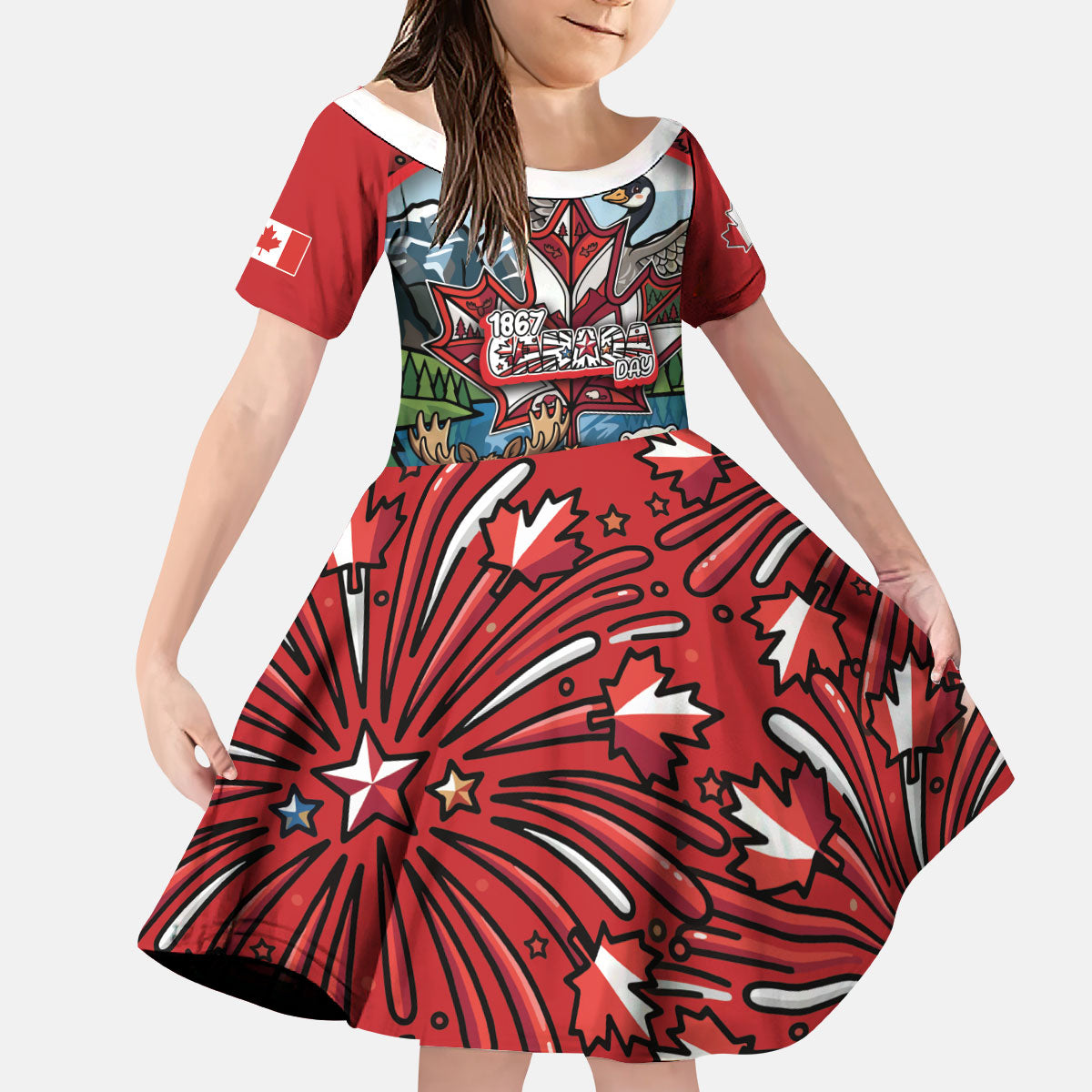 Happy Canada Day Kid Short Sleeve Dress Cute Wildlife Animals Maple Leaf