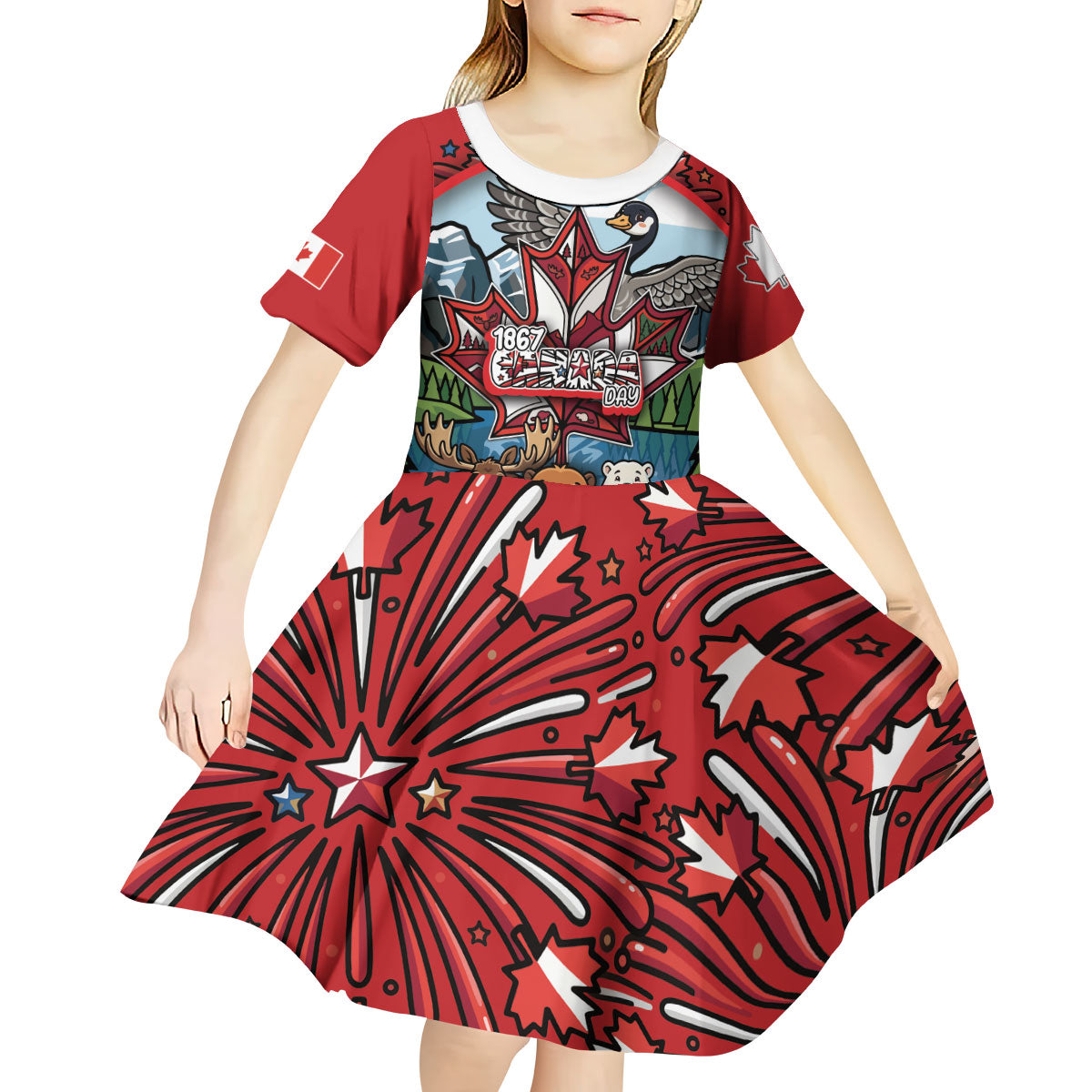 Happy Canada Day Kid Short Sleeve Dress Cute Wildlife Animals Maple Leaf