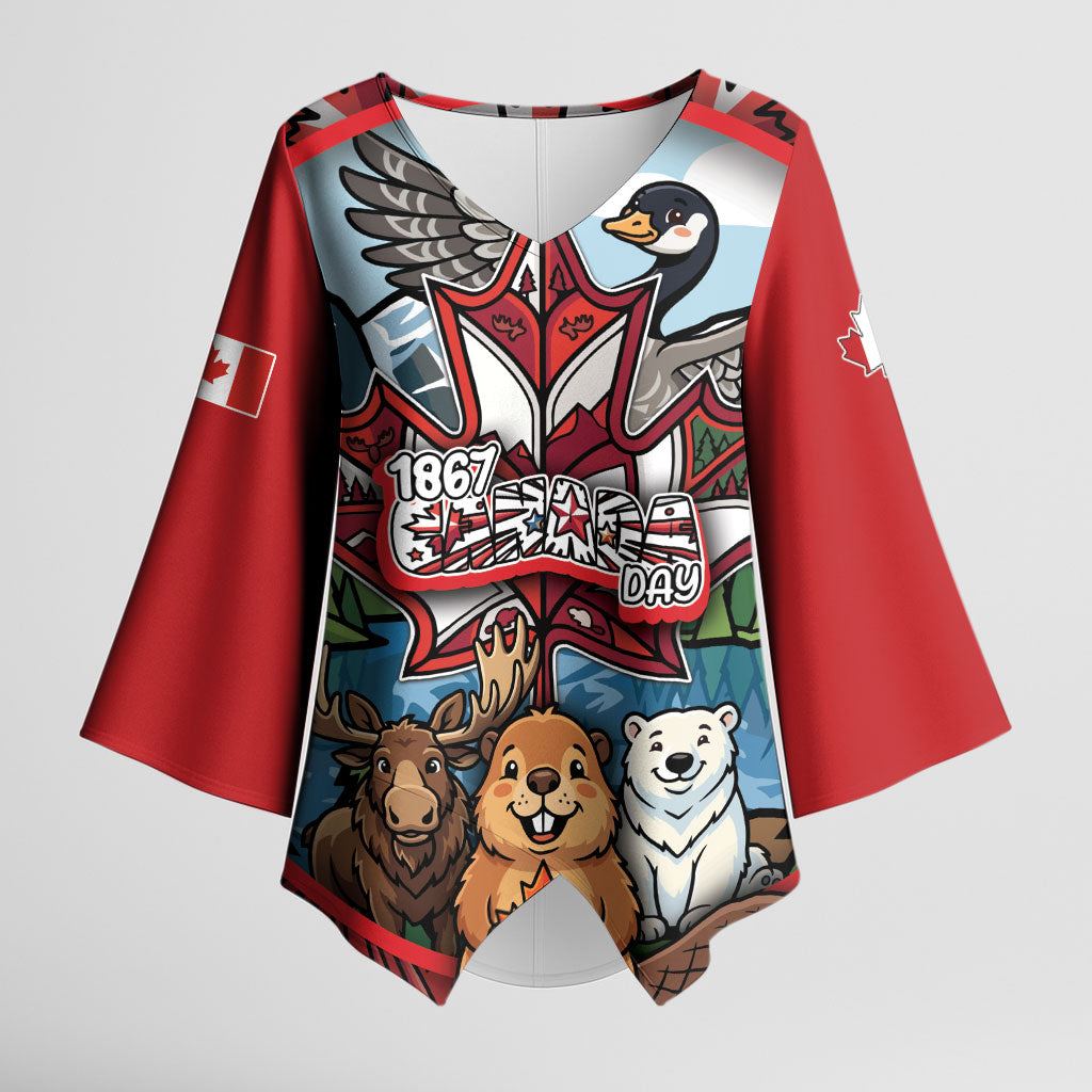 Happy Canada Day Kimono Sleeve Blouse Cute Wildlife Animals Maple Leaf