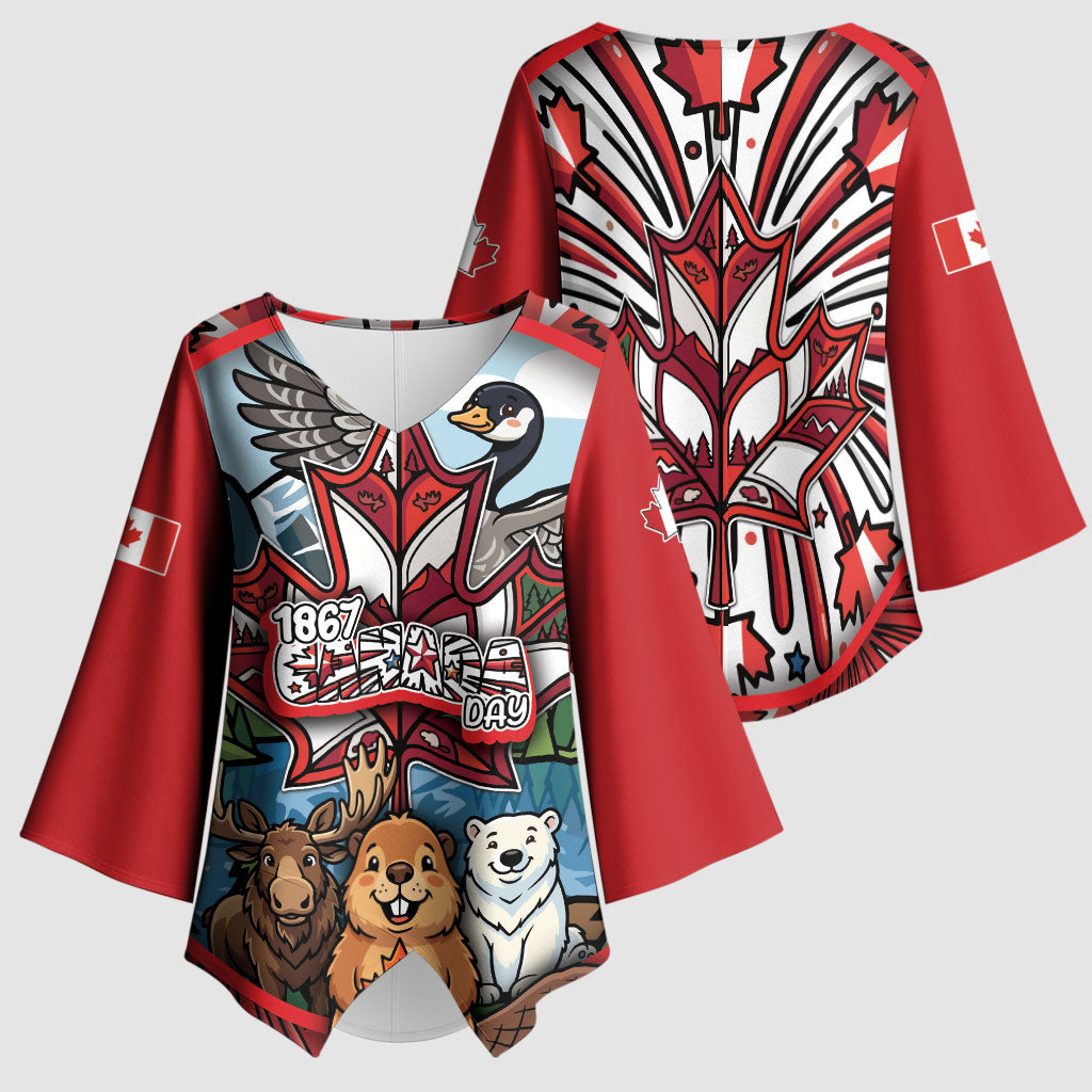 Happy Canada Day Kimono Sleeve Blouse Cute Wildlife Animals Maple Leaf