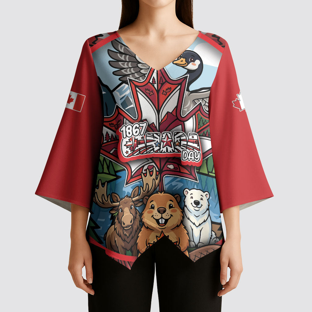 Happy Canada Day Kimono Sleeve Blouse Cute Wildlife Animals Maple Leaf