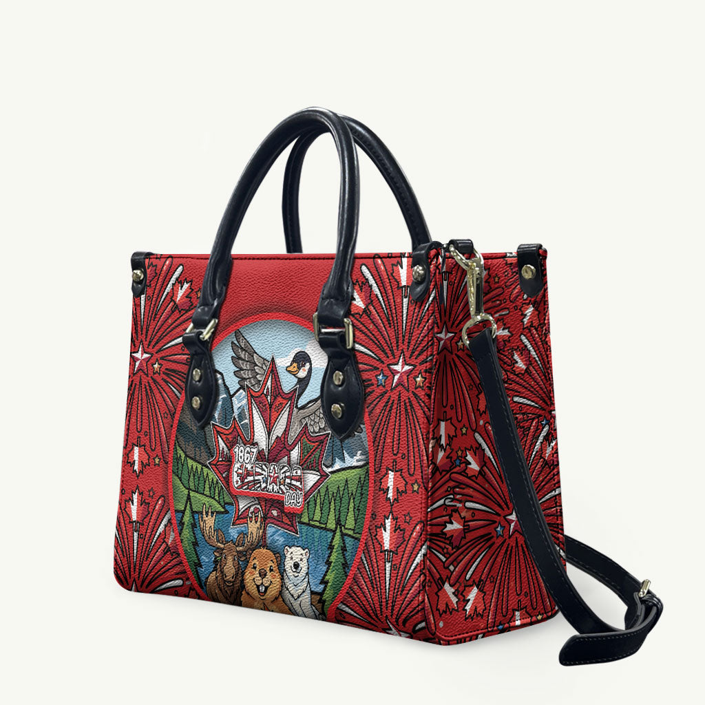 Happy Canada Day Leather Bag Cute Wildlife Animals Maple Leaf