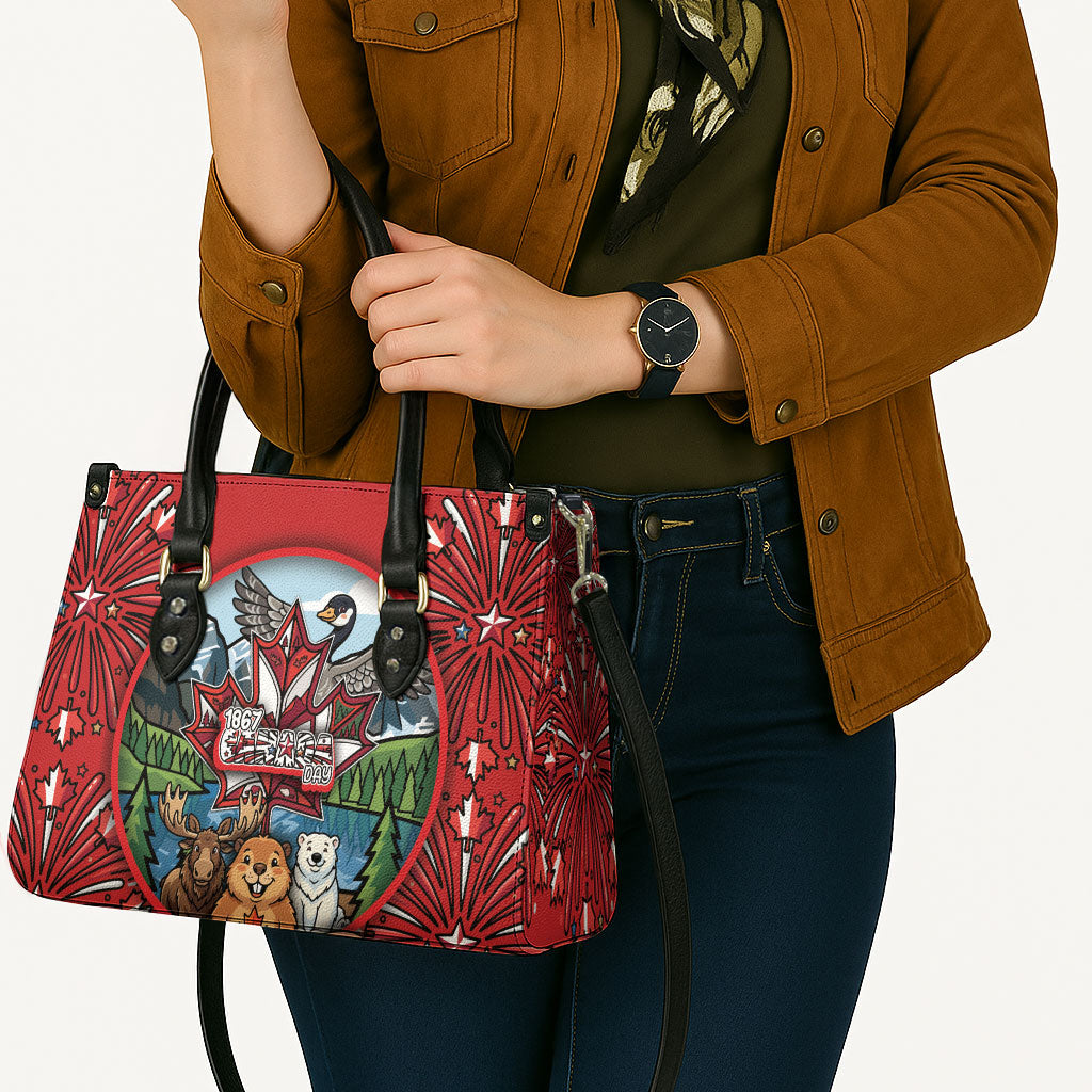 Happy Canada Day Leather Bag Cute Wildlife Animals Maple Leaf