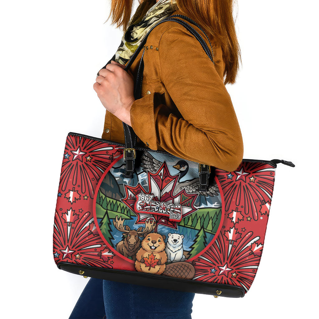 Happy Canada Day Leather Tote Bag Cute Wildlife Animals Maple Leaf