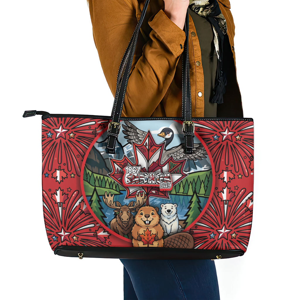 Happy Canada Day Leather Tote Bag Cute Wildlife Animals Maple Leaf