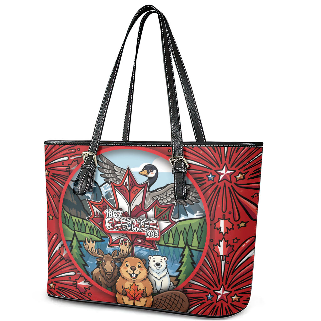 Happy Canada Day Leather Tote Bag Cute Wildlife Animals Maple Leaf