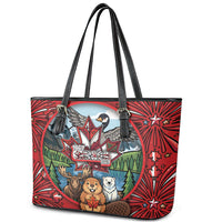 Happy Canada Day Leather Tote Bag Cute Wildlife Animals Maple Leaf
