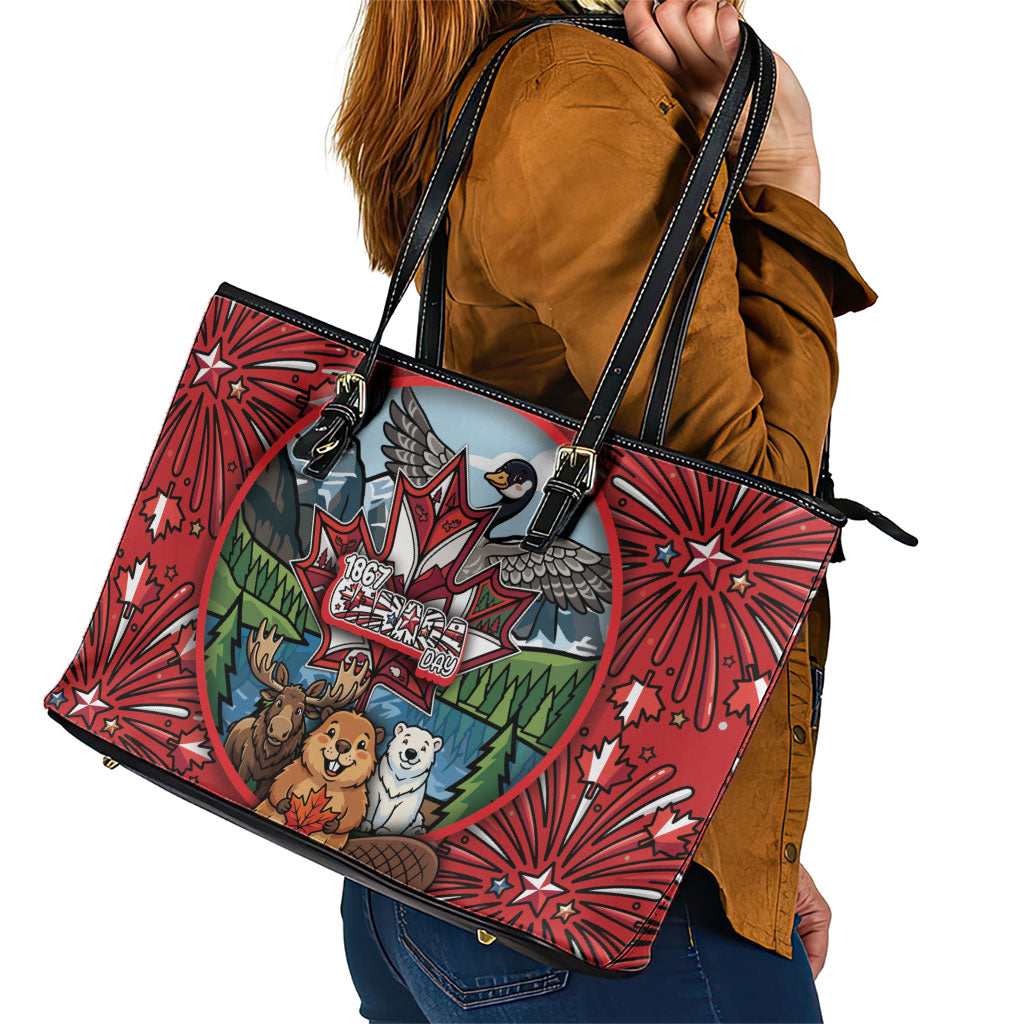 Happy Canada Day Leather Tote Bag Cute Wildlife Animals Maple Leaf