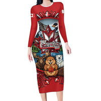 Happy Canada Day Long Sleeve Bodycon Dress Cute Wildlife Animals Maple Leaf