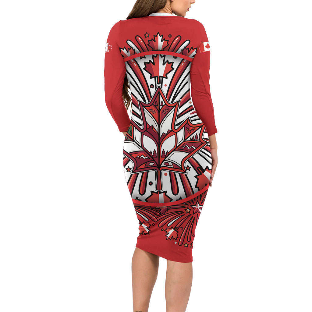 Happy Canada Day Long Sleeve Bodycon Dress Cute Wildlife Animals Maple Leaf