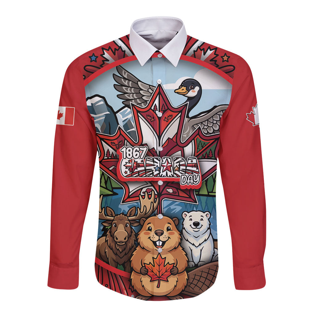 Happy Canada Day Long Sleeve Button Shirt Cute Wildlife Animals Maple Leaf