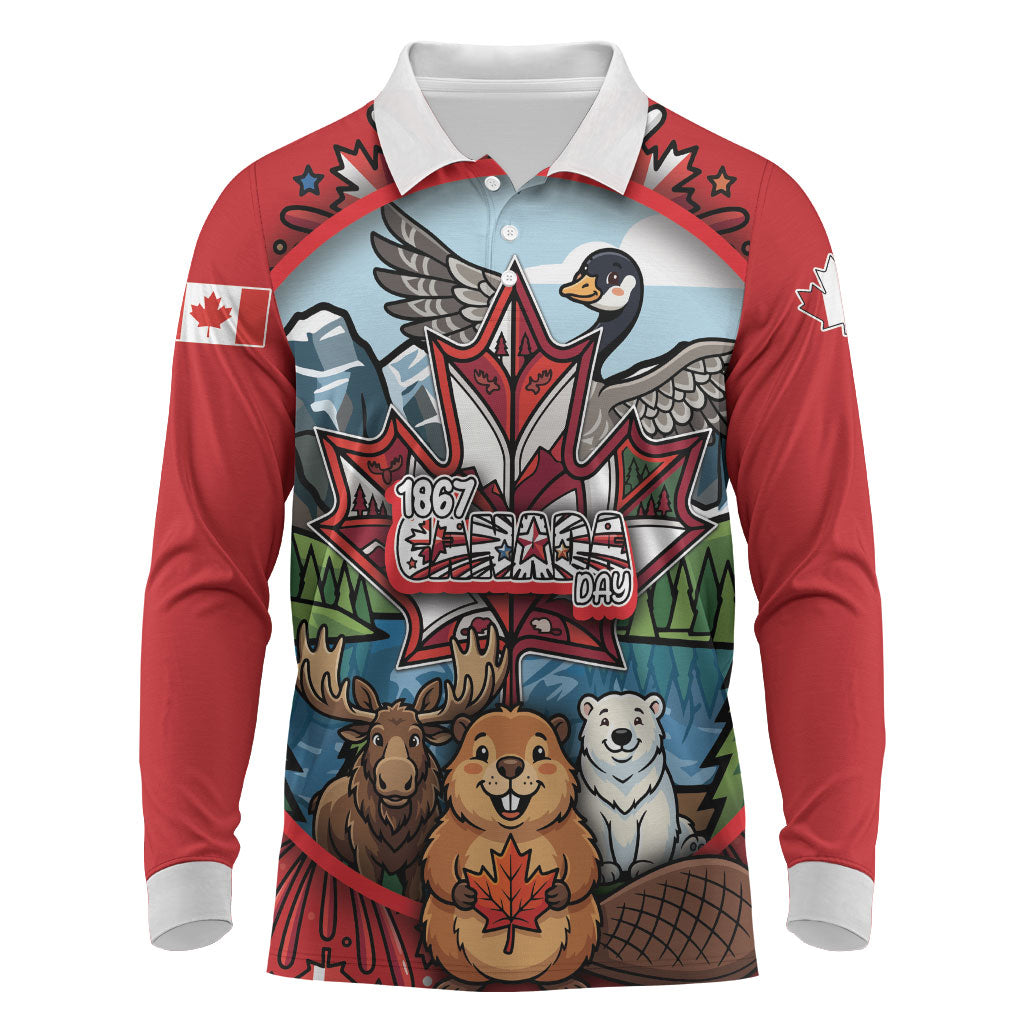 Happy Canada Day Long Sleeve Polo Shirt Cute Wildlife Animals Maple Leaf