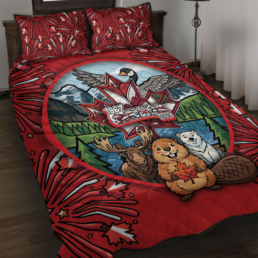 Happy Canada Day Quilt Bed Set Cute Wildlife Animals Maple Leaf