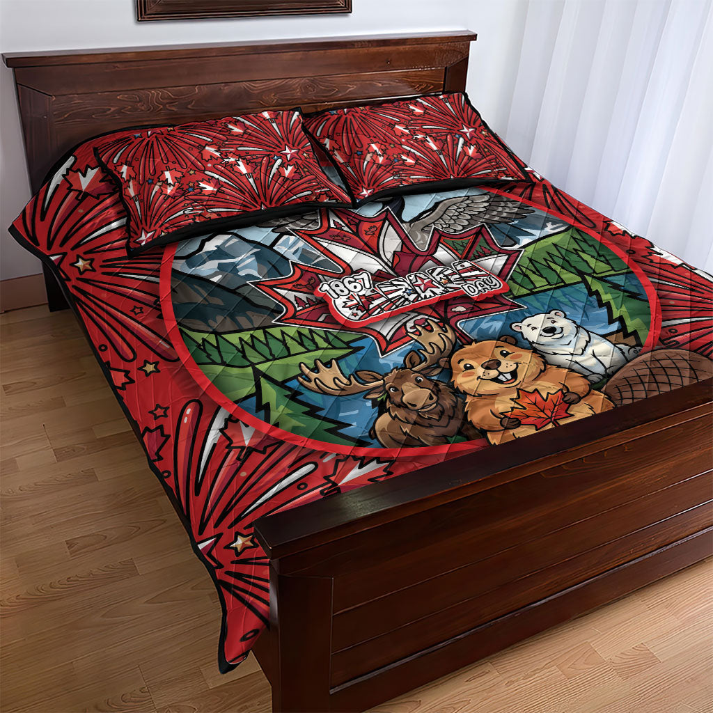 Happy Canada Day Quilt Bed Set Cute Wildlife Animals Maple Leaf