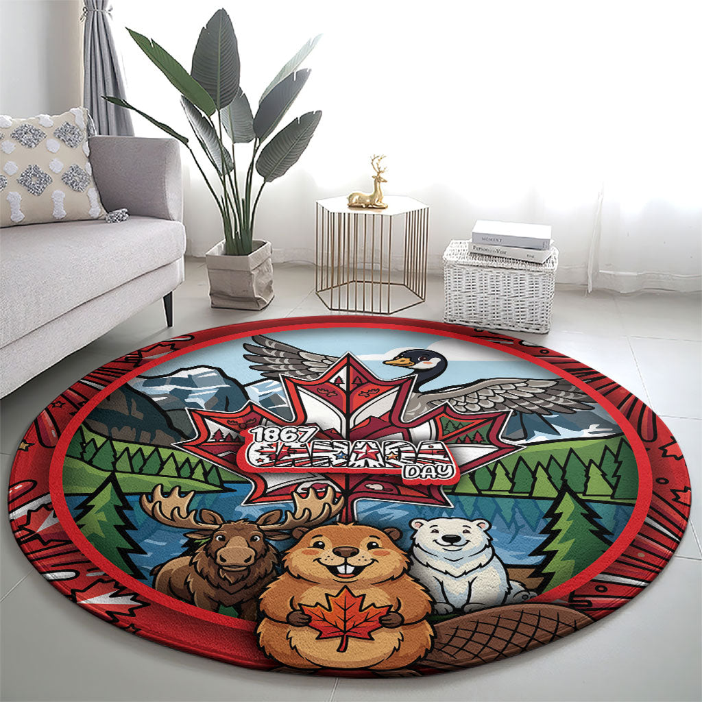 Happy Canada Day Round Carpet Cute Wildlife Animals Maple Leaf