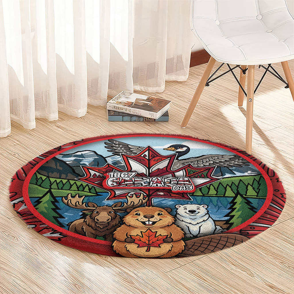 Happy Canada Day Round Carpet Cute Wildlife Animals Maple Leaf