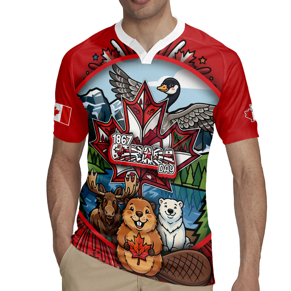 Happy Canada Day Rugby Jersey Cute Wildlife Animals Maple Leaf