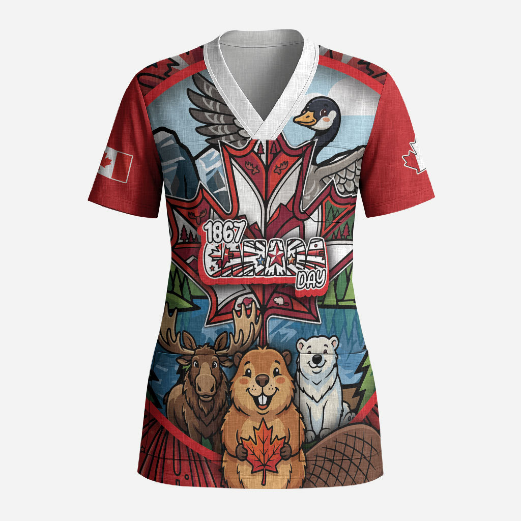 Happy Canada Day Scrub Top Cute Wildlife Animals Maple Leaf