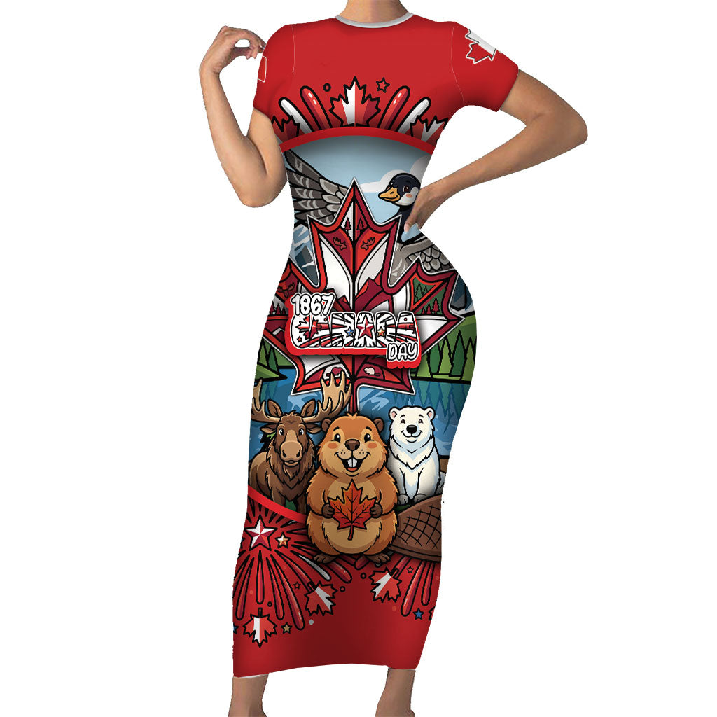 Happy Canada Day Short Sleeve Bodycon Dress Cute Wildlife Animals Maple Leaf