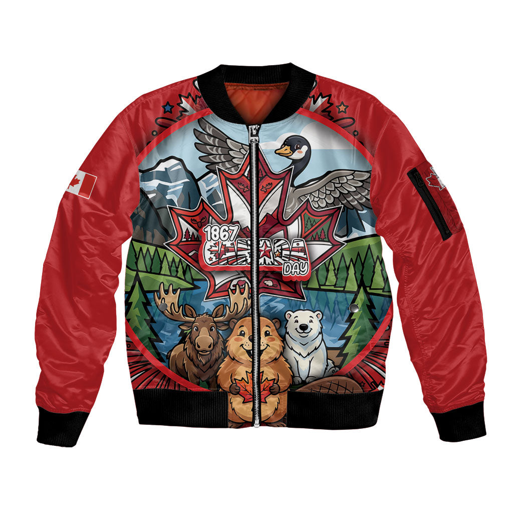 Happy Canada Day Sleeve Zip Bomber Jacket Cute Wildlife Animals Maple Leaf