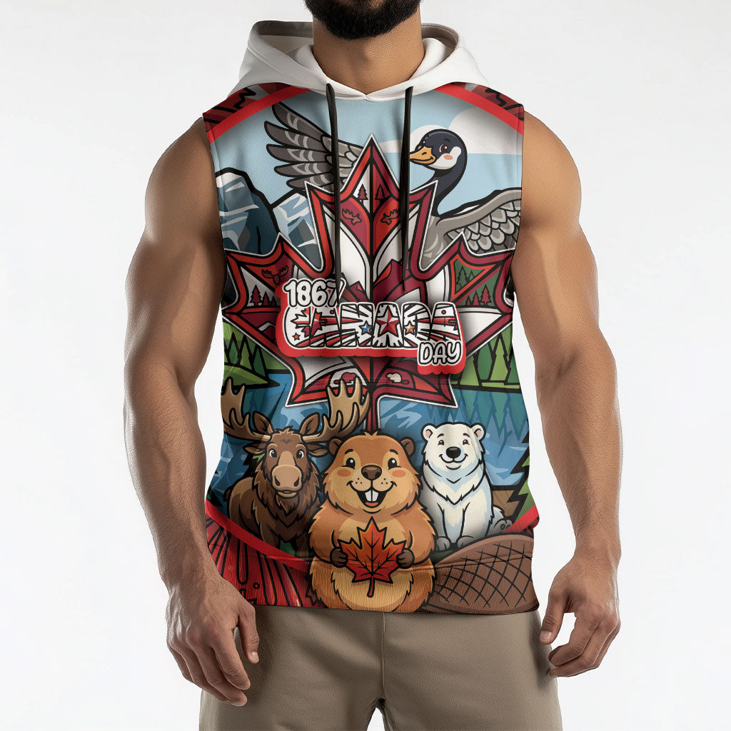 Happy Canada Day Sleeveless Hoodie Cute Wildlife Animals Maple Leaf
