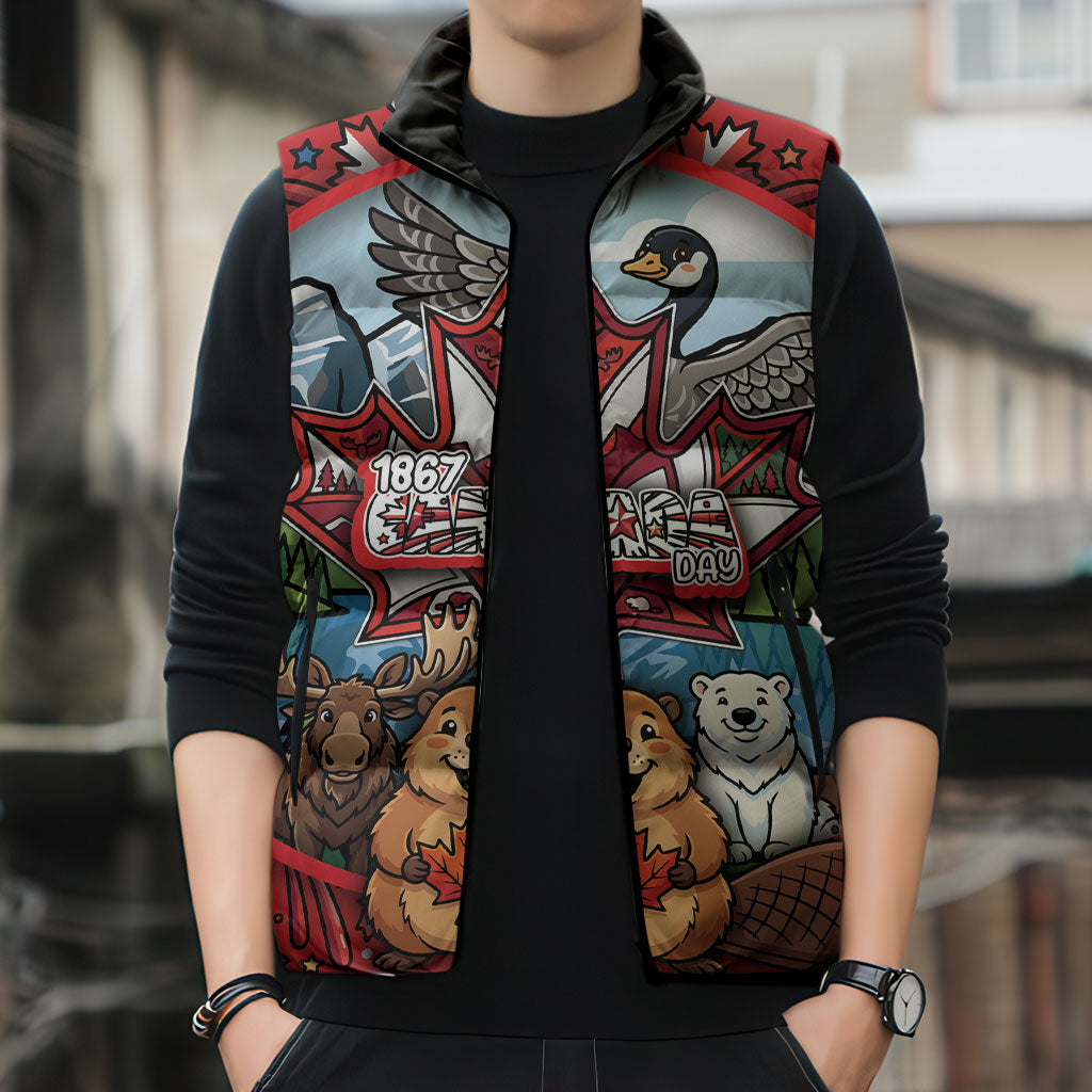 Happy Canada Day Sleeveless Puffer Jacket Cute Wildlife Animals Maple Leaf