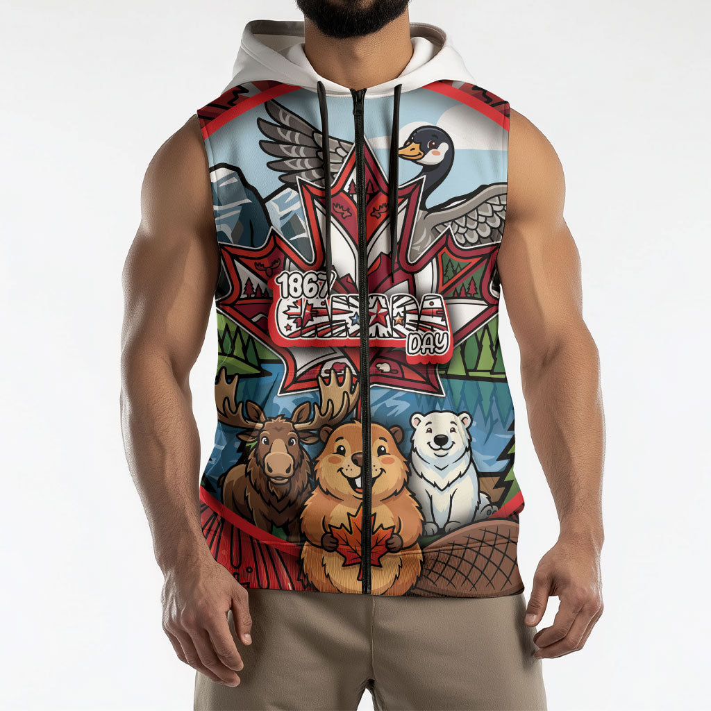 Happy Canada Day Sleeveless Zip Hoodie Cute Wildlife Animals Maple Leaf
