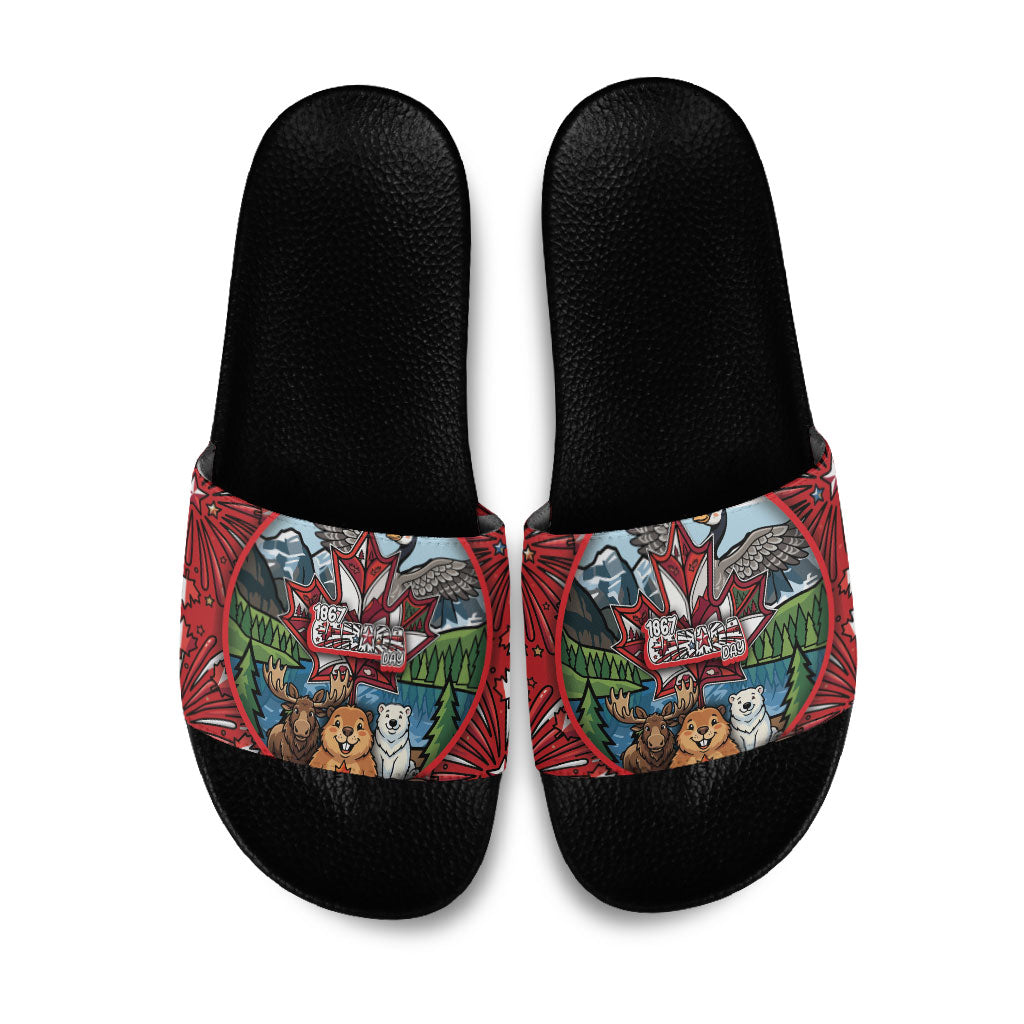 Happy Canada Day Slide Sandals Cute Wildlife Animals Maple Leaf