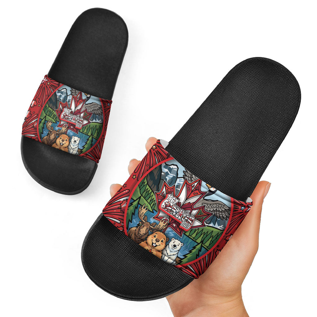 Happy Canada Day Slide Sandals Cute Wildlife Animals Maple Leaf