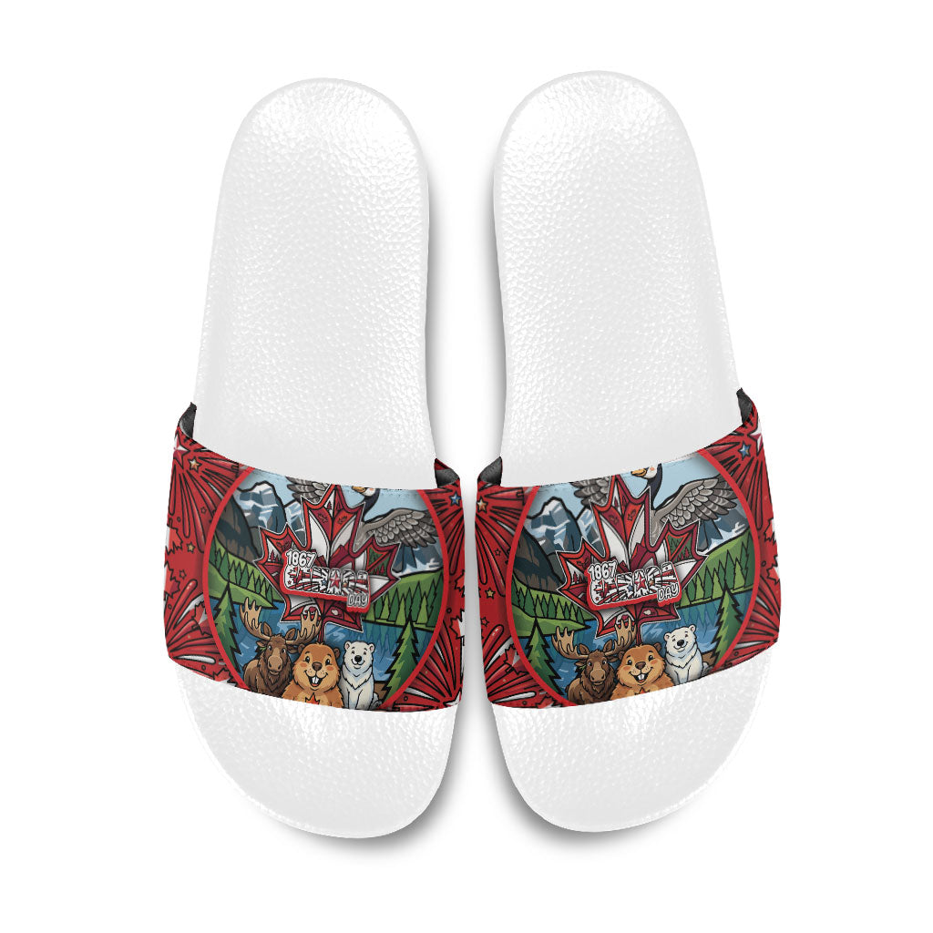 Happy Canada Day Slide Sandals Cute Wildlife Animals Maple Leaf