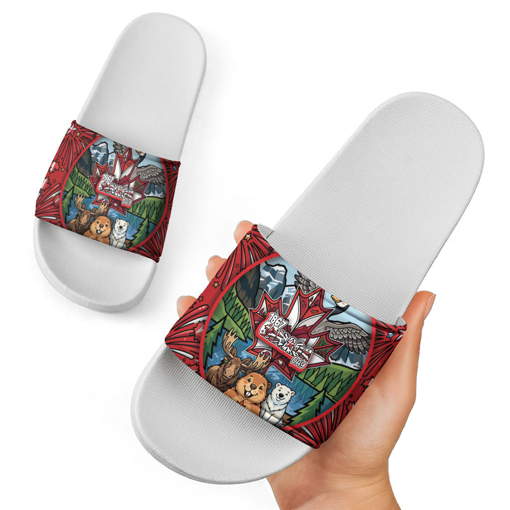Happy Canada Day Slide Sandals Cute Wildlife Animals Maple Leaf