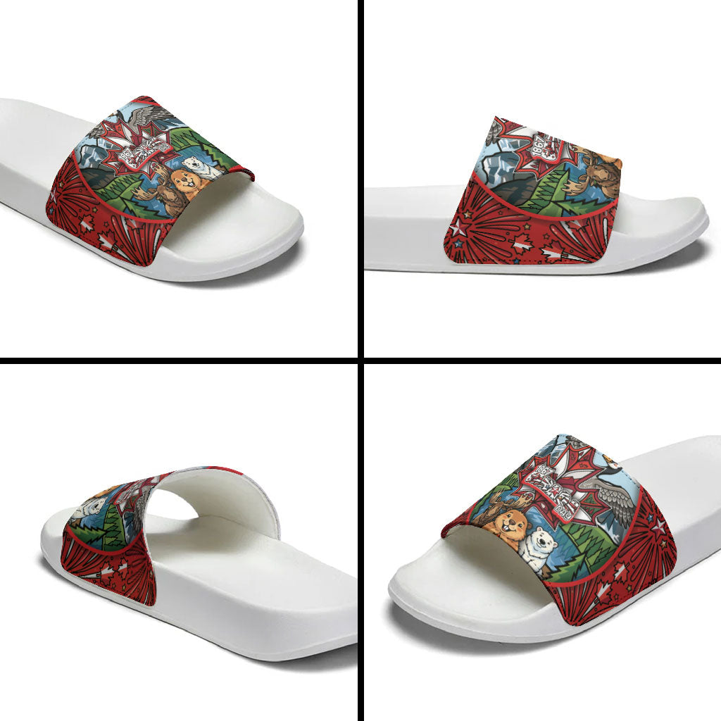 Happy Canada Day Slide Sandals Cute Wildlife Animals Maple Leaf