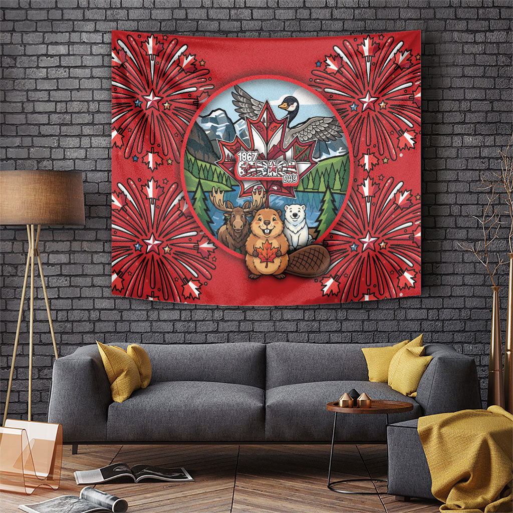 Happy Canada Day Tapestry Cute Wildlife Animals Maple Leaf