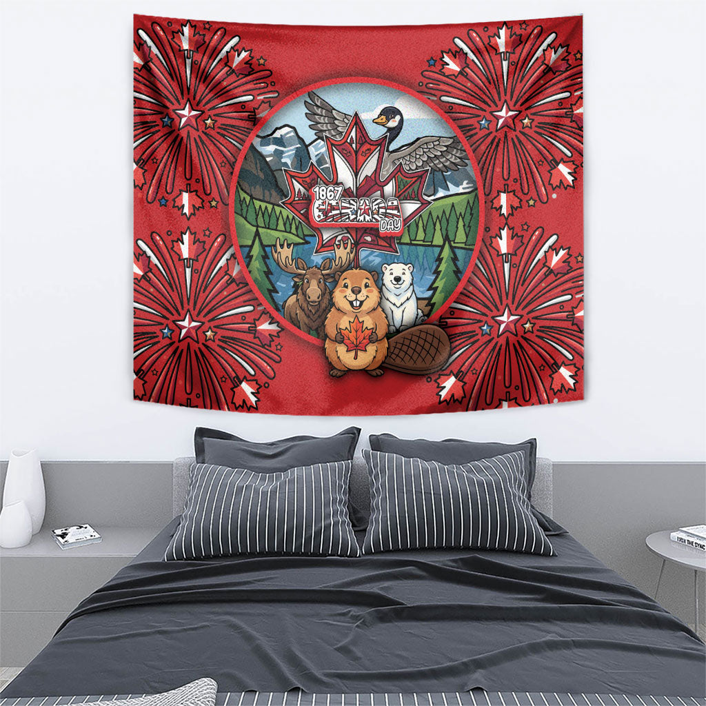 Happy Canada Day Tapestry Cute Wildlife Animals Maple Leaf