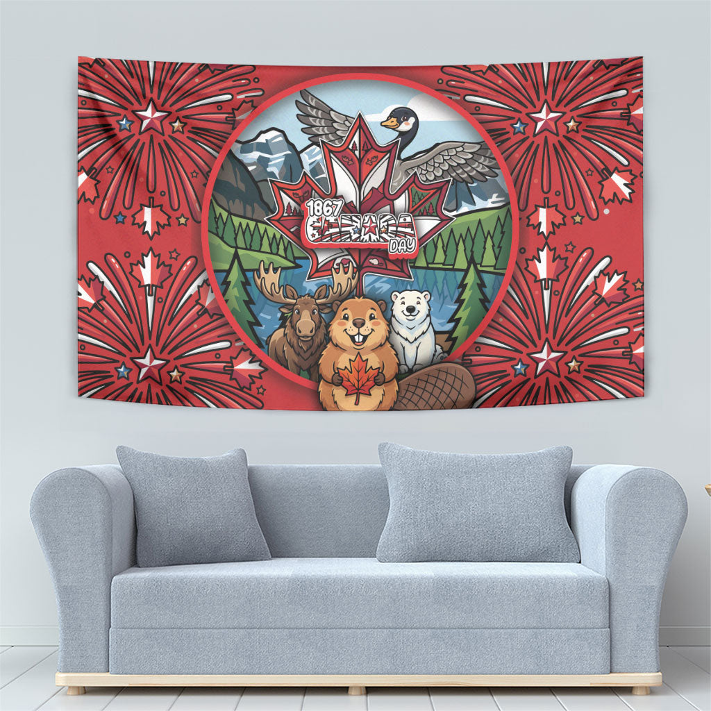 Happy Canada Day Tapestry Cute Wildlife Animals Maple Leaf