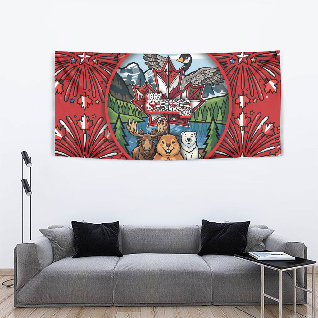 Happy Canada Day Tapestry Cute Wildlife Animals Maple Leaf