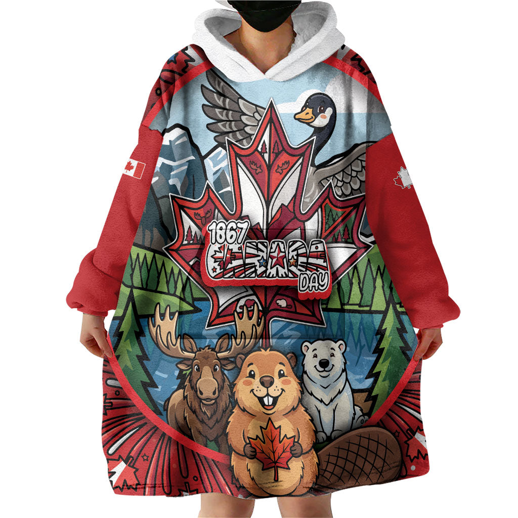 Happy Canada Day Wearable Blanket Hoodie Cute Wildlife Animals Maple Leaf