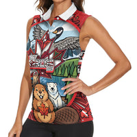 Happy Canada Day Women Sleeveless Polo Shirt Cute Wildlife Animals Maple Leaf