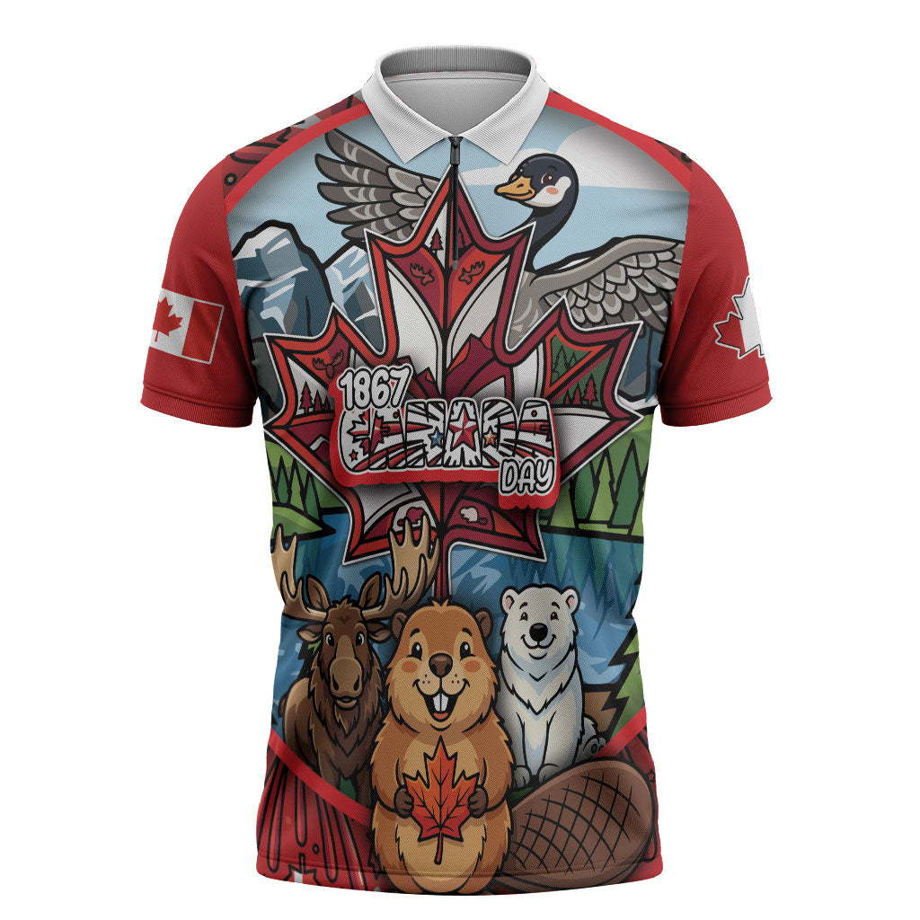Happy Canada Day Zipper Polo Shirt Cute Wildlife Animals Maple Leaf