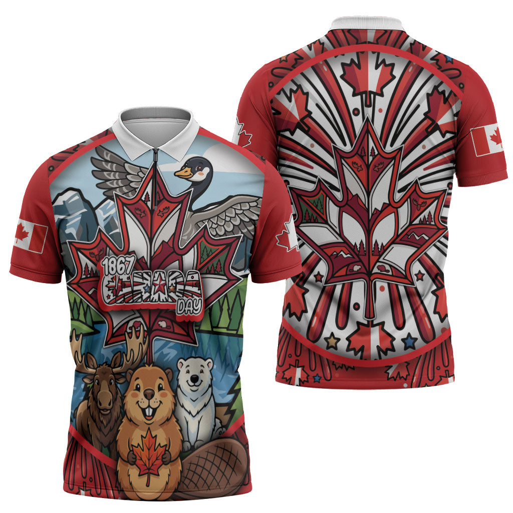 Happy Canada Day Zipper Polo Shirt Cute Wildlife Animals Maple Leaf