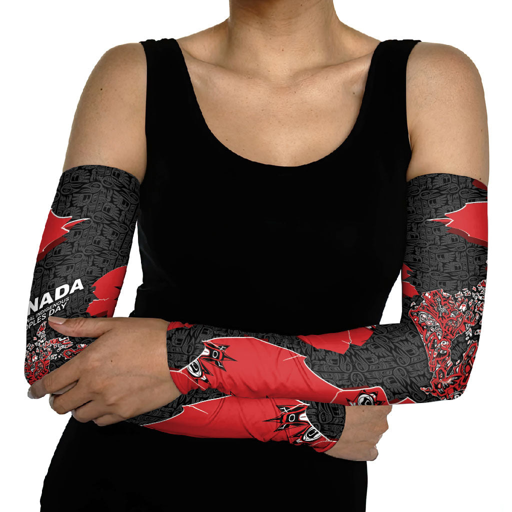 Canada National Indigenous Peoples Day Arm Sleeves Red Map Haida Totem Patterns