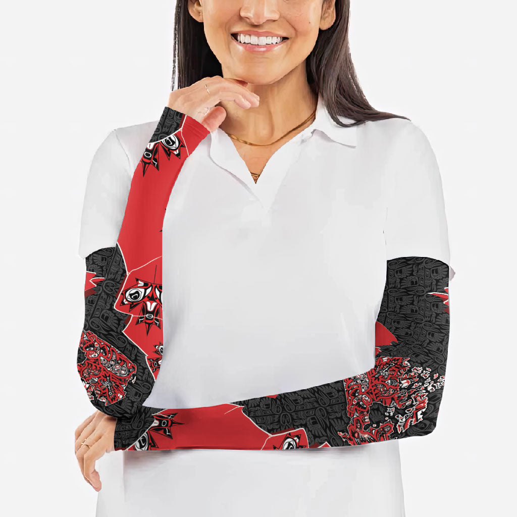 Canada National Indigenous Peoples Day Arm Sleeves Red Map Haida Totem Patterns