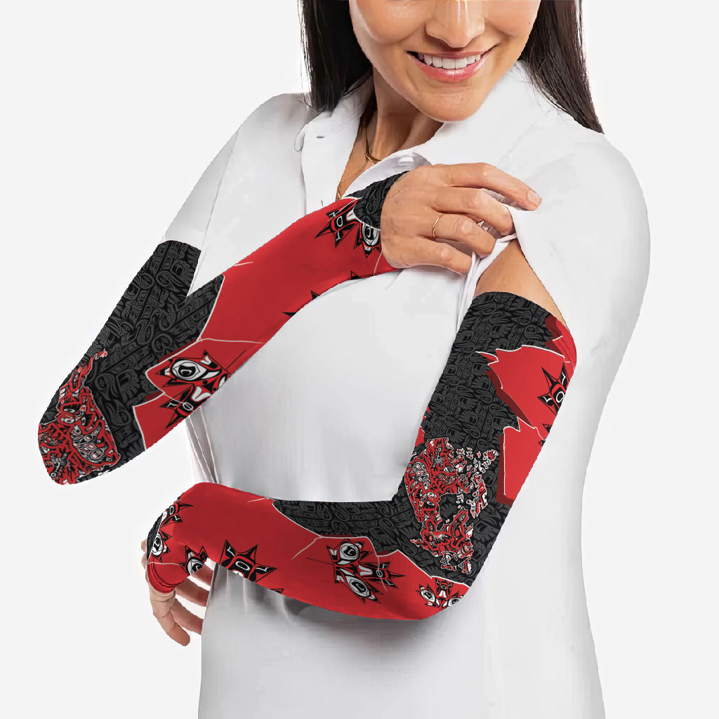 Canada National Indigenous Peoples Day Arm Sleeves Red Map Haida Totem Patterns