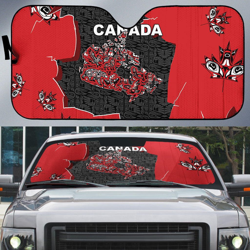 Canada National Indigenous Peoples Day Auto Sun Shade Red Map Haida Totem Patterns